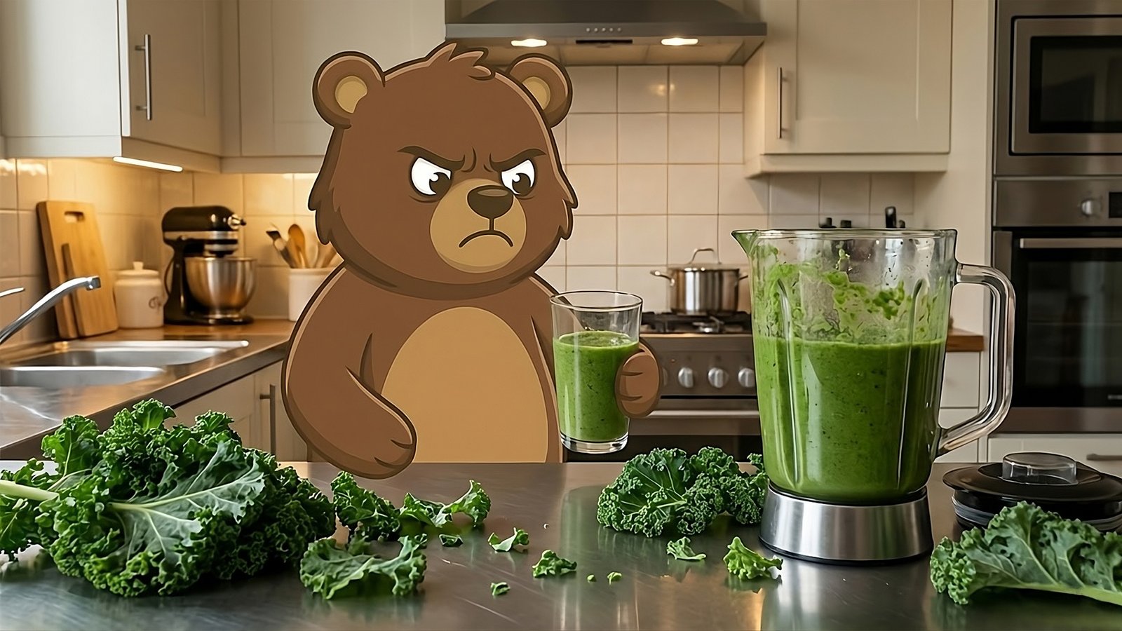 Barry the bear holding a glass of green smoothie with tears in his eyes, looking disgusted next to a blender full of kale - Green Goddess Review