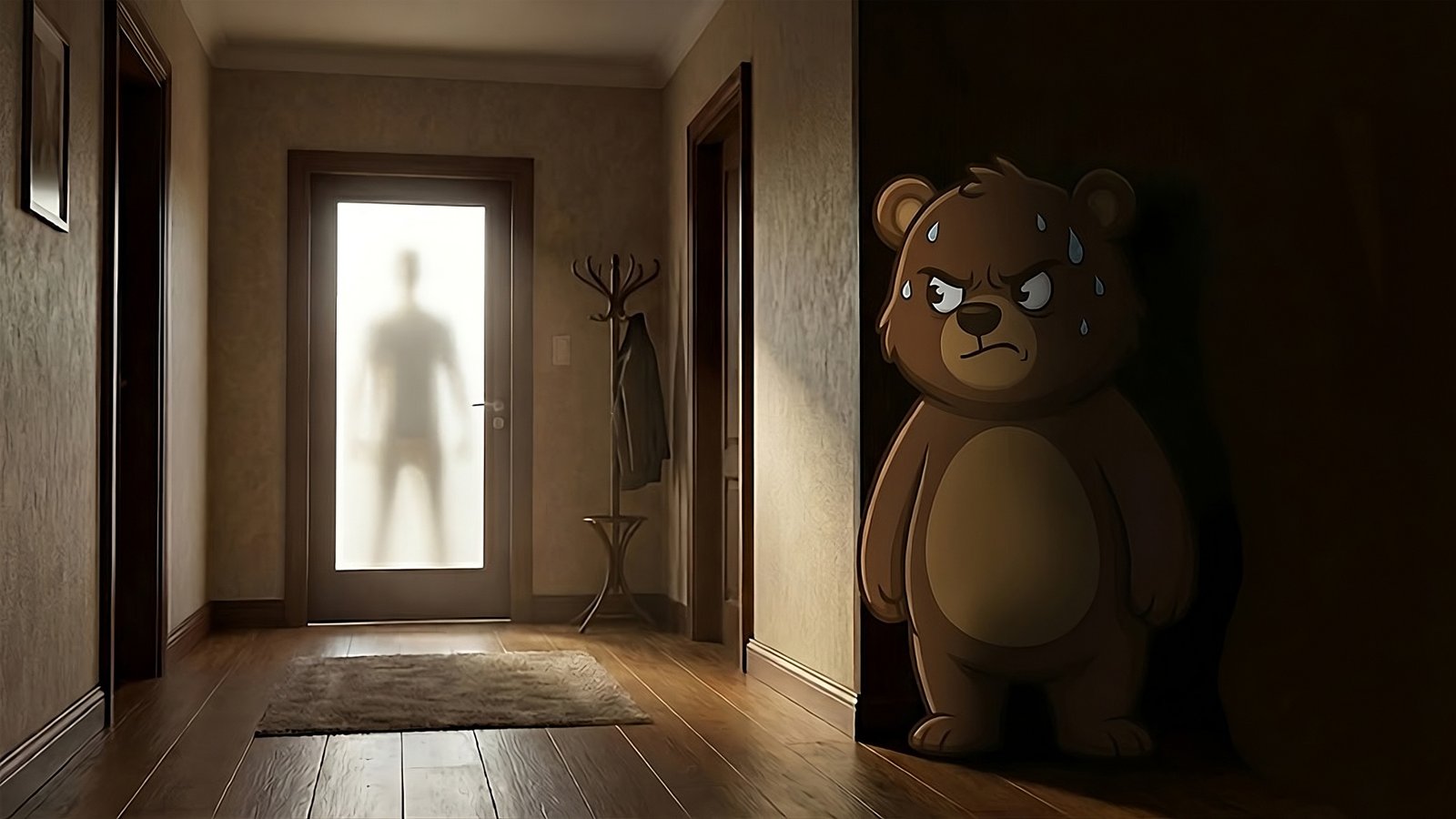 Barry the bear sweating and hiding behind a corner while a silhouette stands behind the frosted glass door - The Doorbell Horror Story.